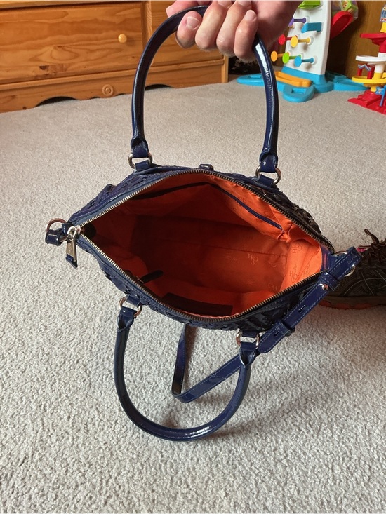 Cole Haan Handbags - Cole Haan Navy Patent leather shoulder Bag with Orange Lining.